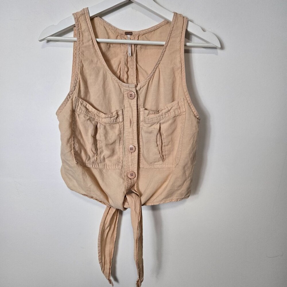 Free People Size XS Highway Cruisin Pink Front Tie Linen Blend Sleeveless Top